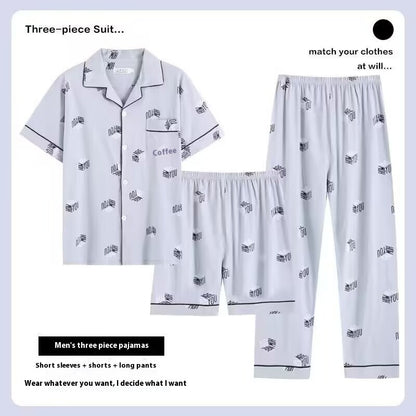 Three-piece Pajamas Men's Summer Pure Cotton Short Sleeve Trousers Suit
