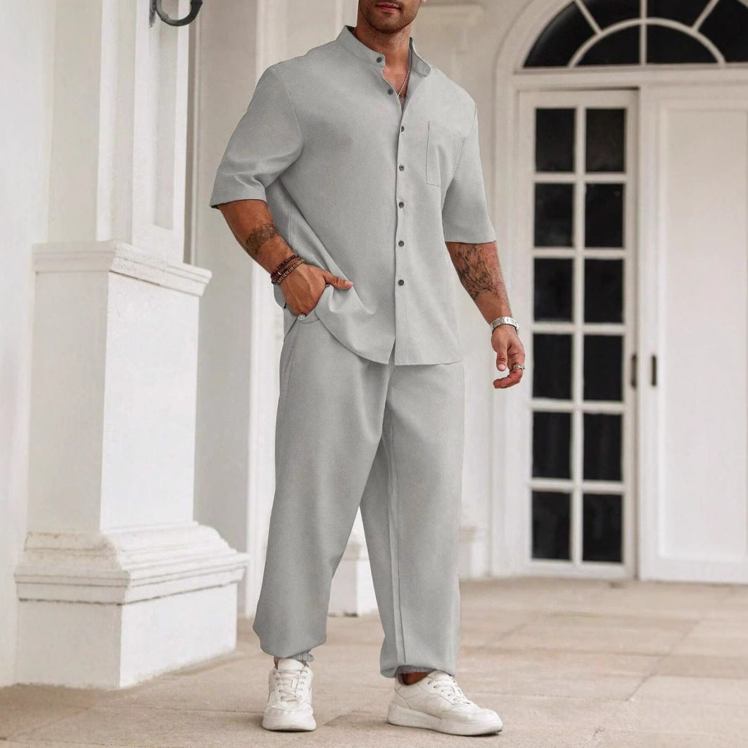 Men's Commuter Cotton And Linen Casual Button Short-sleeved Trousers