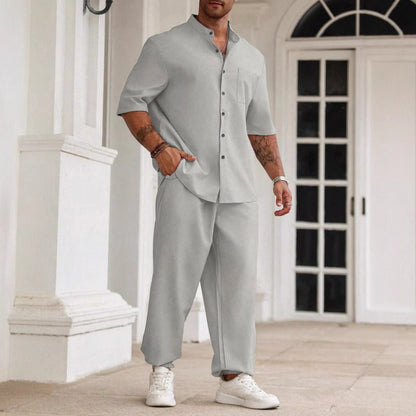Men's Commuter Cotton And Linen Casual Button Short-sleeved Trousers