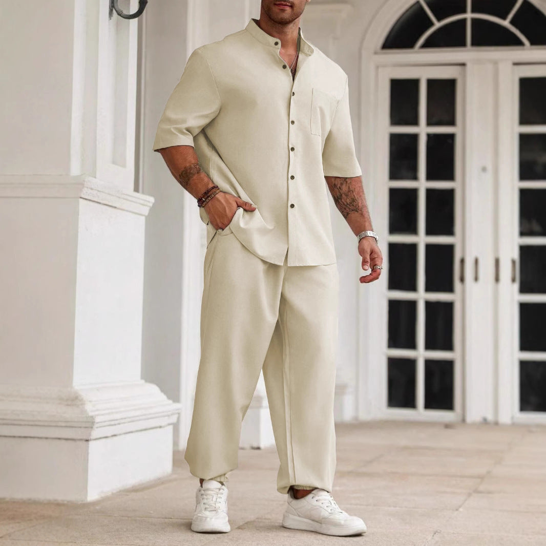 Men's Commuter Cotton And Linen Casual Button Short-sleeved Trousers