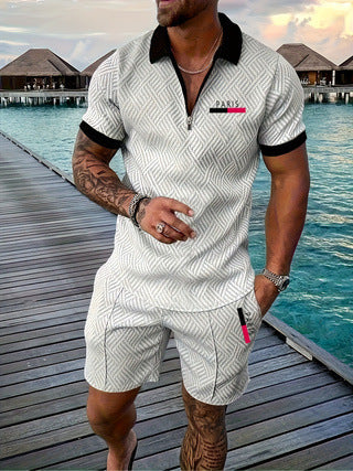 Casual Retro Plaid Printed PARIS Heat Transfer Patch Men's Beach Suit