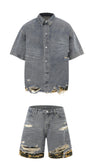 Cut Edge Stitching Leopard Print Denim Short Sleeve