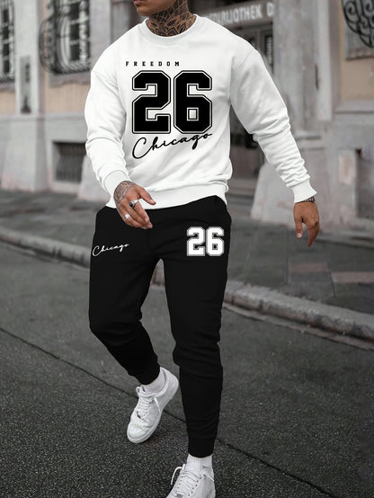 Sports Men's Clothing Casual Retro Digital Printed Round Neck Sweater Suit