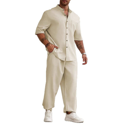 Men's Commuter Cotton And Linen Casual Button Short-sleeved Trousers